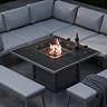 close up image of grey corner sofa and benches around a fire pit table