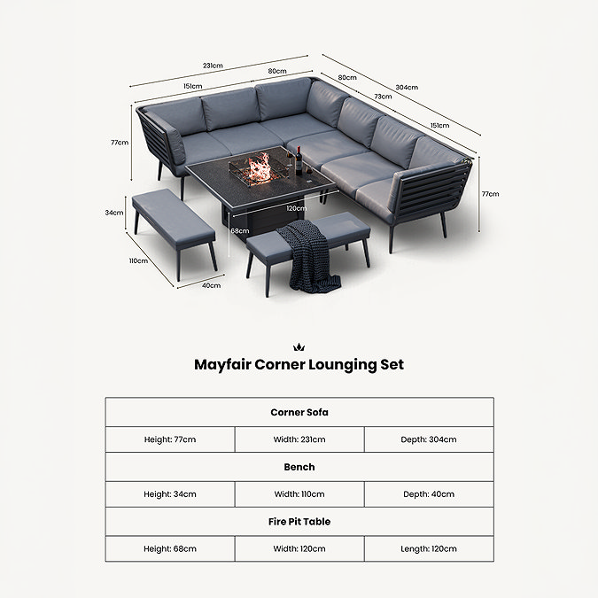 cut out image of grey sectional corner sofa with benches and fire pit table, with dimensions specifications written below