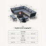 cut out image of grey sectional corner sofa with benches and fire pit table, with dimensions specifications written below