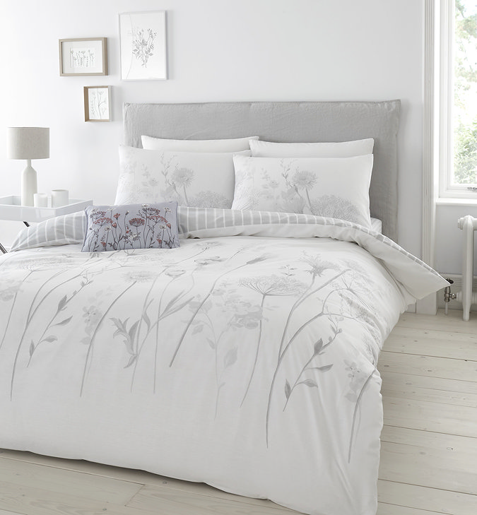 Meadowsweet Duvet Cover Set in white and Grey on bed close up image 2