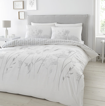 Meadowsweet Duvet Cover Set in white and Grey on bed close up image 2