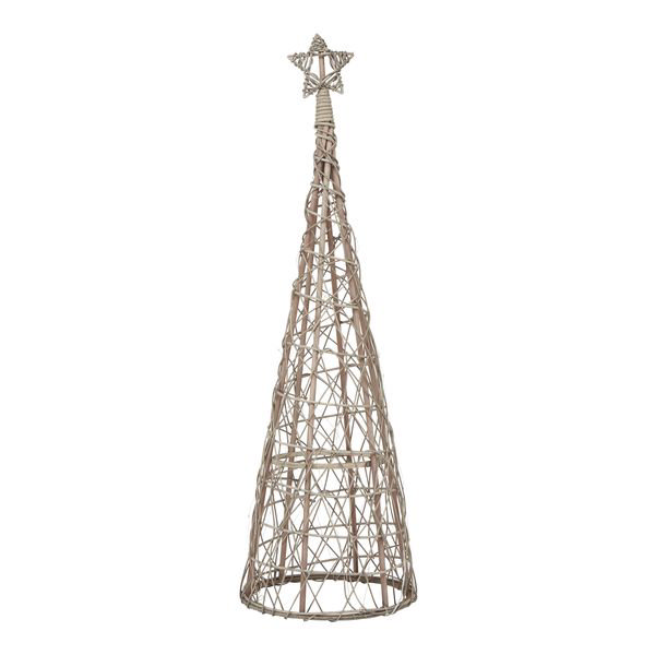 brown wicker christmas tree with star on top, image cut out on white background