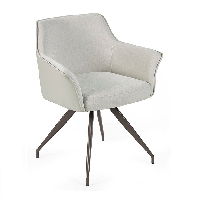 image cut out on white background of light grey chenille chair with dark legs