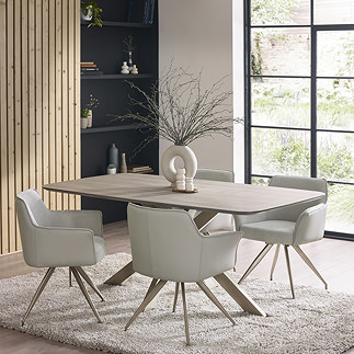 image of light grey chenille dining chairs around a table