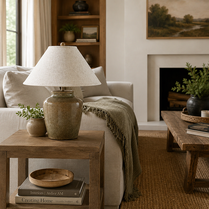 wide shot of mottled green lamp on side table of living room
