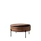 image of round brown coffee table with black iron legs, cut out on white background