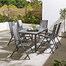 image of rectangular outdoor dining table surrounded by six grey high backed chairs