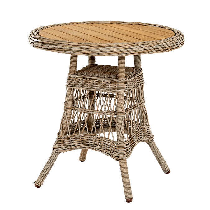 image cut out on white background of rattan wicker garden bistro table with wooden tabletop