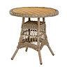 image cut out on white background of rattan wicker garden bistro table with wooden tabletop
