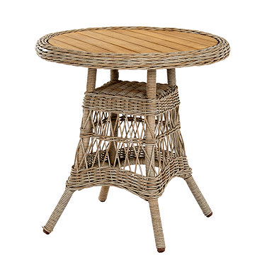 close up image of wood tabletop of wicker bistro table