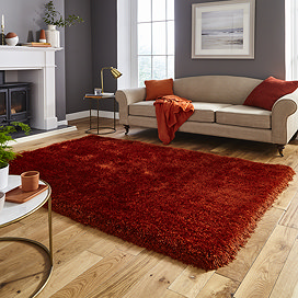 image of terracotta shaggy rug in front of light beige sofa with orange accent cushions