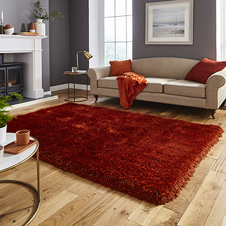 image of terracotta shaggy rug in front of light beige sofa with orange accent cushions