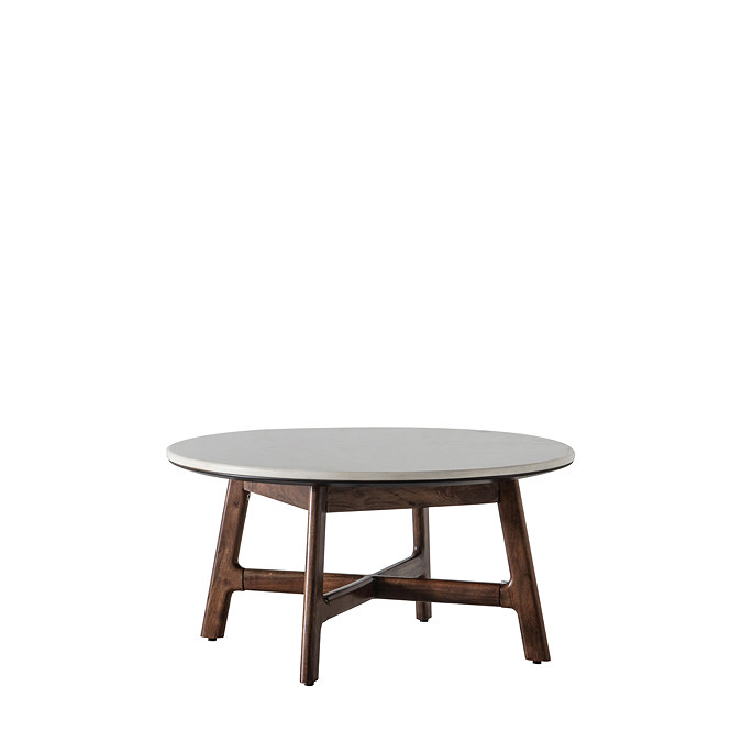 cut out image of round marbletop dark wood coffee table