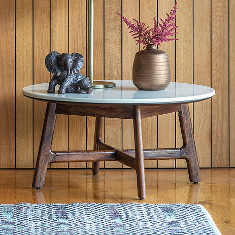 image of round coffee table with dark acacia wood legs and round marble top