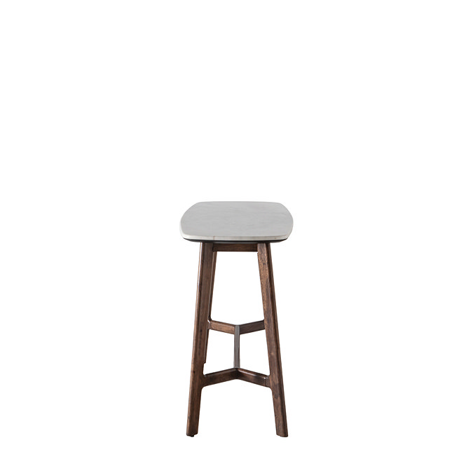 side on cut out image of marbletop console table with dark wood legs