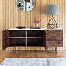 front on image of dark wood sideboard with doors open to show shelf space within