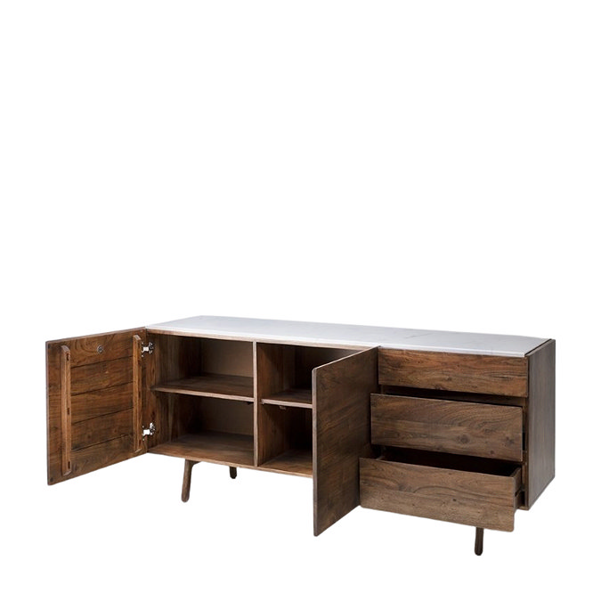 cut out image of dark wood sideboard with two open doors and drawers