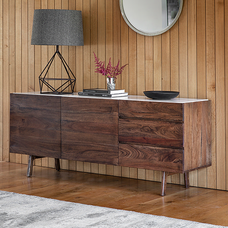 image of two door three drawer sideboard against a wood panelled wall