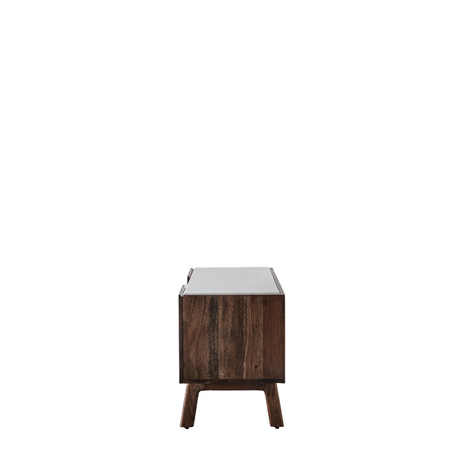 side on cut out image of dark wood marble top tv unit