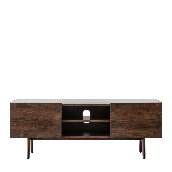 front on cut out image of two door dark wood tv unit