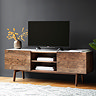 image of dark wood marble top tv unit against grey wall with tv atop it