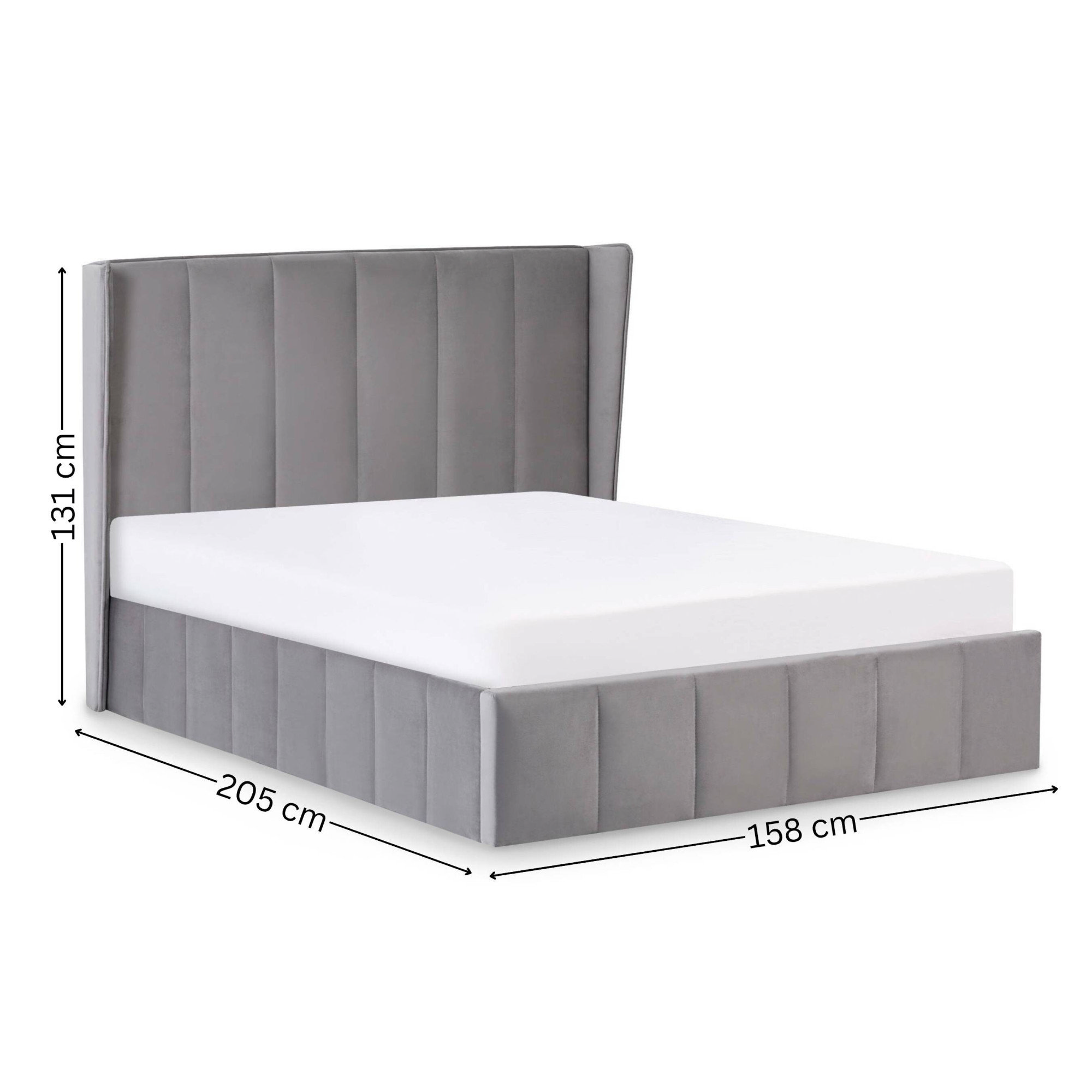 image cut out on white background of grey velvet ottoman bed, with black arrow line dimensions to indicate size