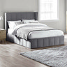 image of grey velvet panelled bed with subtle winged headboard, decorated with mattress and duvet