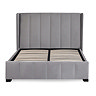 front on image cut out on white background of slatted bed with grey panelled headboard in velvet