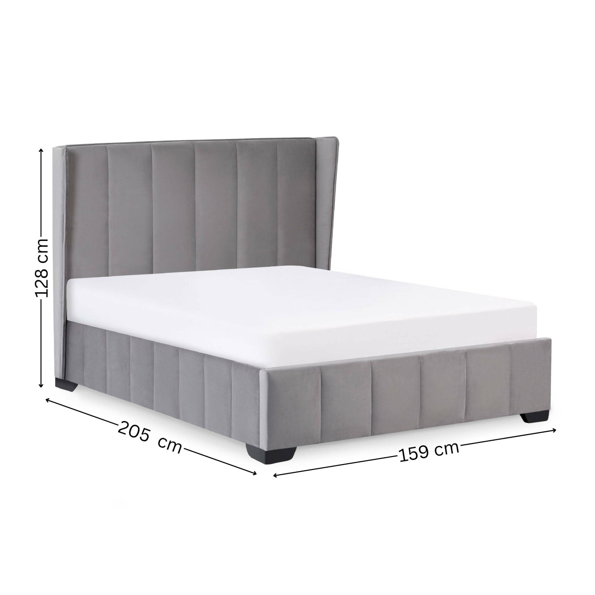 image cut out on white background of grey panelled bedframe, with black arrow line dimensions to show size