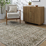 image of olive green vintage rug  with floral pattern in subtle greens and browns, on wooden flooring