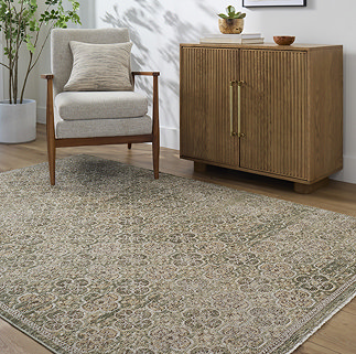image of olive and brown boho rug on wood flooring