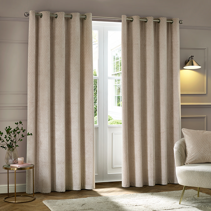 Neptune Feather Cushion in Champagne image with matching eyelet curtains