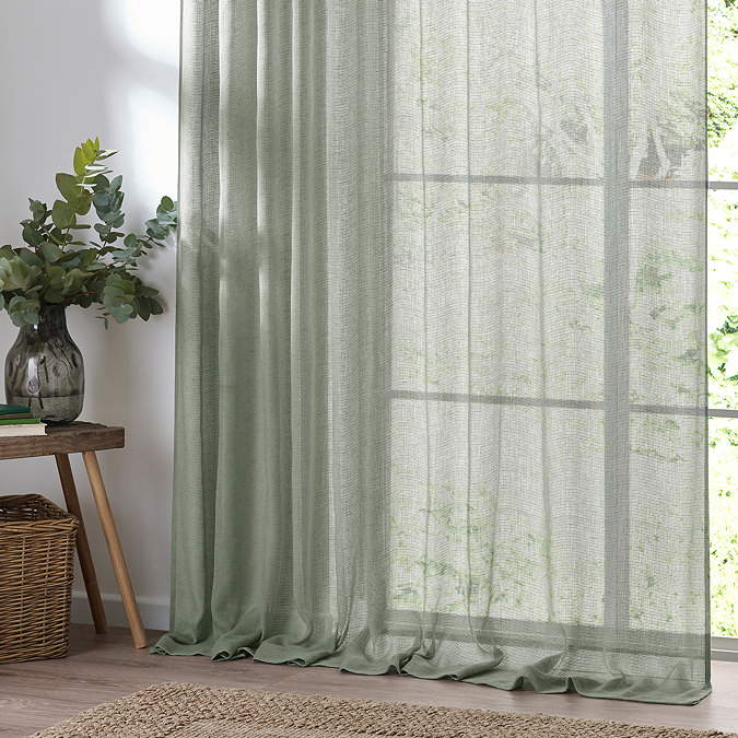 Nimbus Eucalyptus Green Tie Top Sheer Curtain Panel over a window close up image
