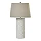 image cut out on white background of white beaded ceramic lamp with linen shade