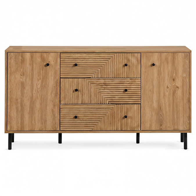 front on image of oak geometric sideboard with black handles and legs