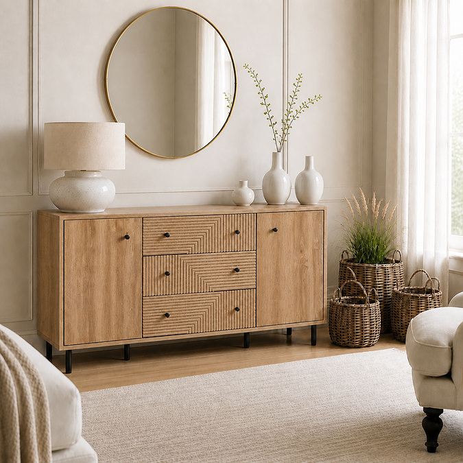 nuala oak geometric sideboard in living room scene