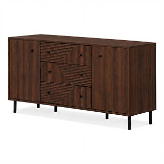 cut out image of walnut coloured sideboard with geometric fronted pattern and small black handles and legs