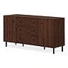 cut out image of walnut coloured sideboard with geometric fronted pattern and small black handles and legs