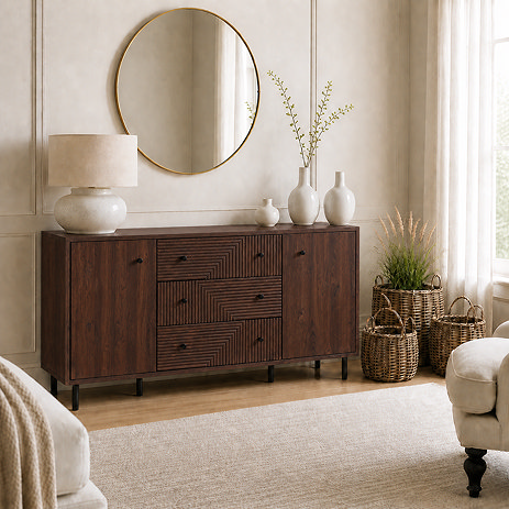 lifestyle image of walnut geometric sideboard