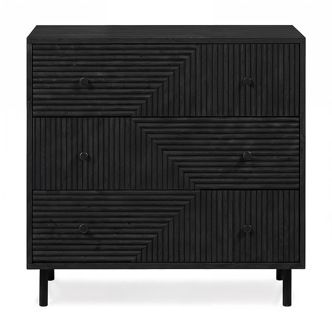 front facing cut out image of black geometric three drawer chest