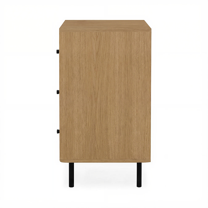 side on cut out image of oak three drawer chest with black legs