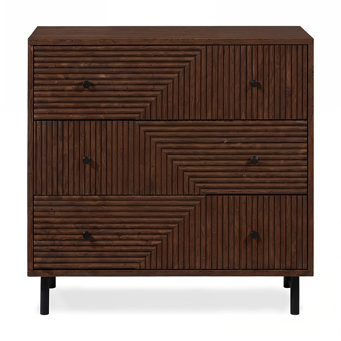 front on cut out image of walnut geometric three drawer chest with black legs