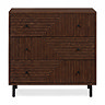 front on cut out image of walnut geometric three drawer chest with black legs