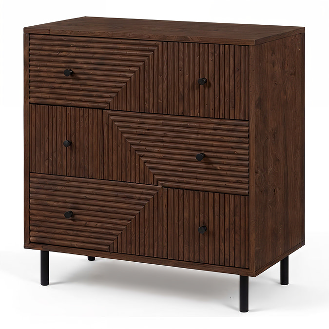 cut out image of three drawer geometric chest with black handles and legs