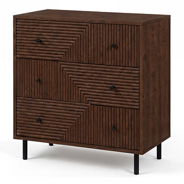front on cut out image of walnut geometric three drawer chest with black legs
