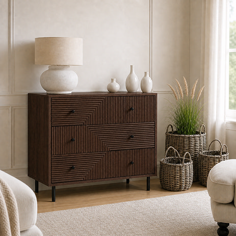 lifestyle image of walnut three drawer chest