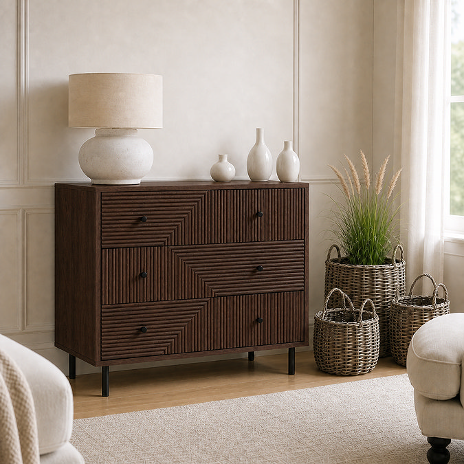 lifestyle image of walnut three drawer chest