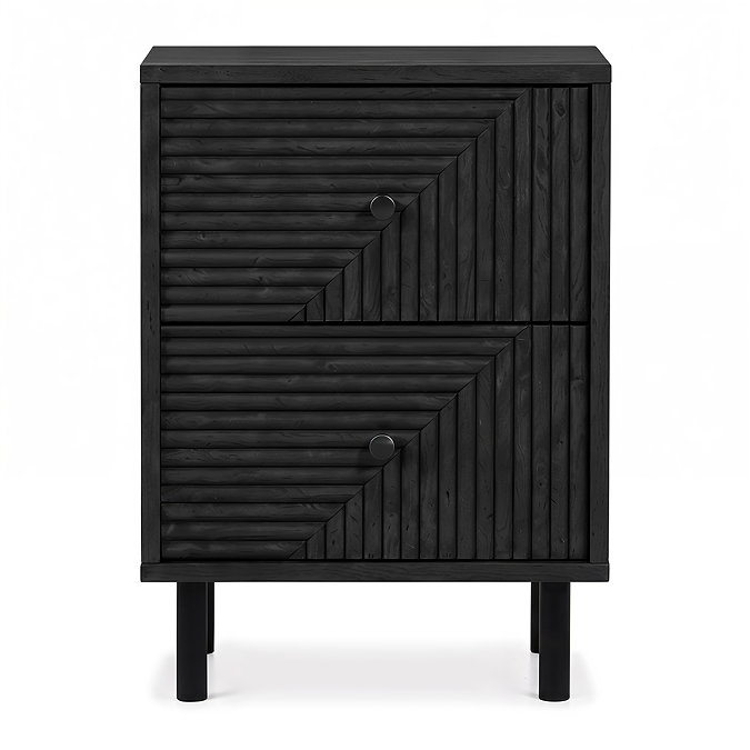 front on cut out image of black geometric bedside table