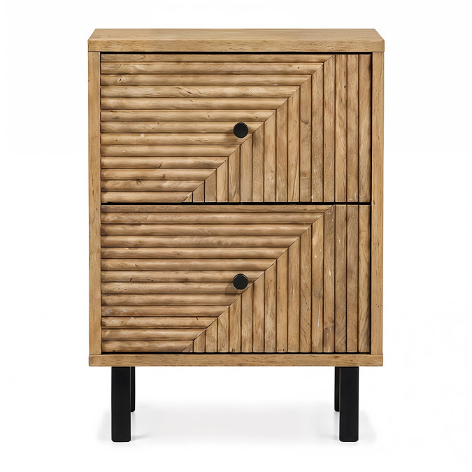 front on cut out image of geometric two drawer bedside table with black handles and legs