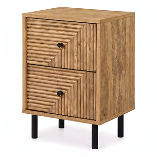 cut out image of geometric oak coloured bedside table with two drawers and small black handles and legs